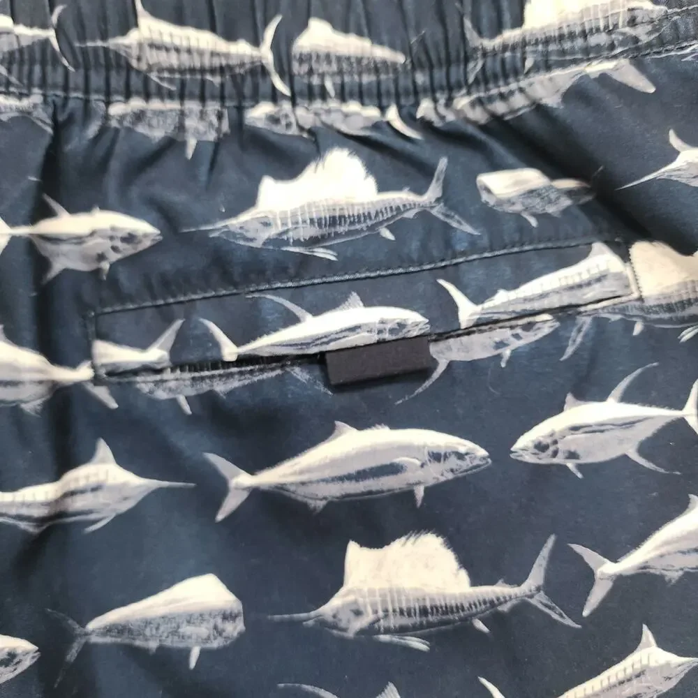 NAUTICA Board Shorts Mens L‎ Blue Deepwater Fish Print Tie Front Swim Trunks